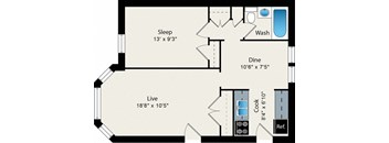 A floor plan of a room with a sleeping area, a dining area, a kitchen, and a living area.