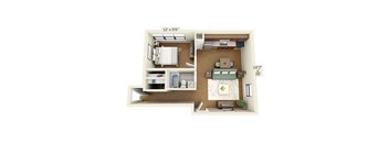 A 12x9 floor plan of a room with a bed, a couch, a desk, and a kitchenette.