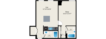A floor plan of a small apartment with a living room, sleeping area, and two bathrooms.
