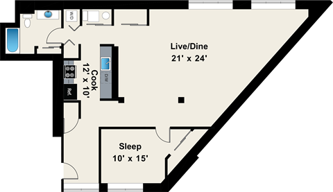 A floor plan of a room with a sleeping area and a live/dine area.