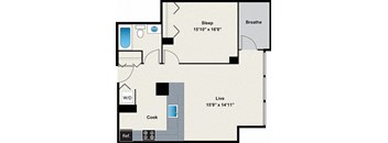 A floor plan of a small apartment with a sleeping area, a living area, a kitchen, and a bathroom.