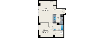 A floor plan of a small apartment with a living area, a sleeping area, and a kitchen.