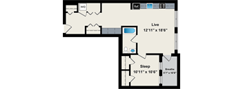 A floor plan of a room with a sleeping area and a live area.