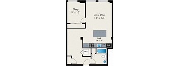 A floor plan of a small apartment with a sleeping area, a kitchen, a living/dining area, and a bathroom.
