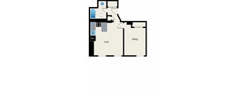 A floor plan of a house with a living room, a sleeping area, and a reference point.