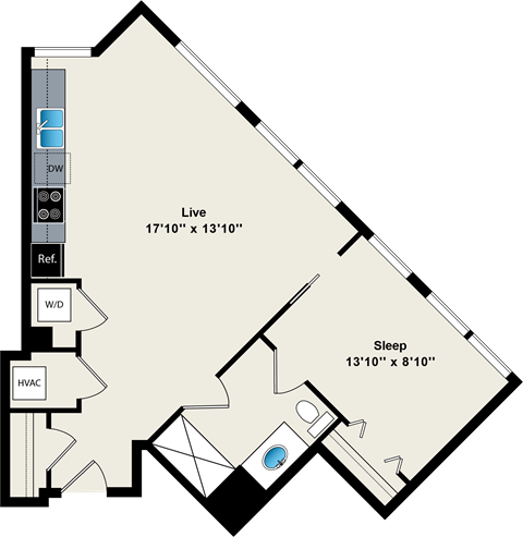 A floor plan of a house with a live room, a sleep room, a W/D, and a HVAC system.
