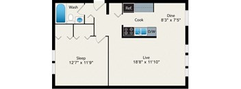A floor plan of a small apartment with a sleeping area, a kitchen, a dining area, and a bathroom.