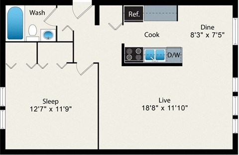 A floor plan of a small apartment with a sleeping area, a kitchen, a dining area, and a bathroom.