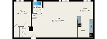 A floor plan of a small apartment with a sleeping area, a dining area, a kitchen, a living room, and a bathroom.