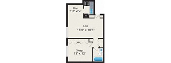 A floor plan of a room with a dining area, a living area, and a sleeping area.