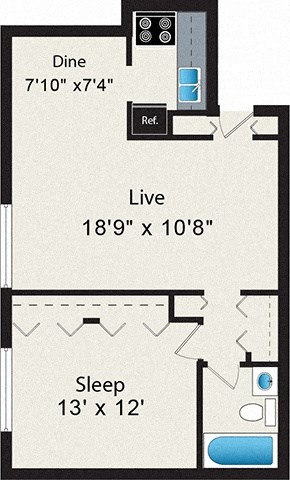 A floor plan of a room with a dining area, a living area, and a sleeping area.