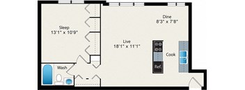A floor plan of a room with a sleeping area, a dining area, a kitchen, a washroom, and a reference area.