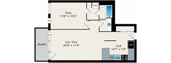 A floor plan of a room with a sleeping area, a cooking area, a washbasin, a breathe machine, and a reference button.