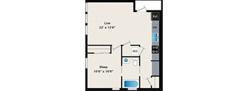 A floor plan of a small apartment with a sleeping area and a living area.