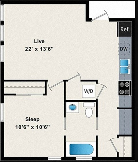 A floor plan of a small apartment with a sleeping area and a living area.