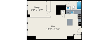 A floor plan of a room with a sleeping area and a live area.