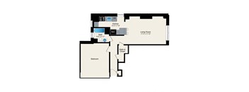 A floor plan of a room showing a bedroom, bathroom, kitchen, living room, and walk-in closet.