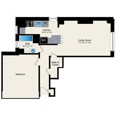 A floor plan of a room showing a bedroom, bathroom, kitchen, living room, and walk-in closet.