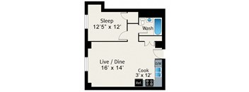 A floor plan of a room showing a sleeping area, a live/dine area, a kitchen, and a bathroom.