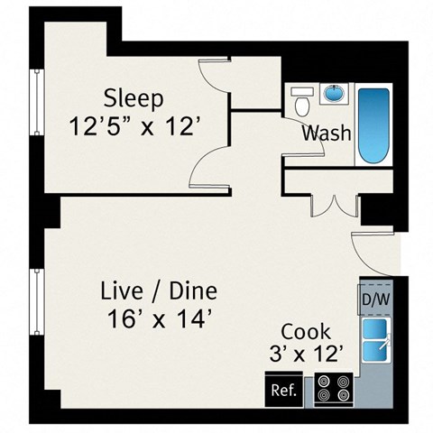 A floor plan of a room showing a sleeping area, a live/dine area, a kitchen, and a bathroom.