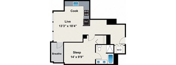 A floor plan of a house with a kitchen, living room, bedroom, and bathroom.