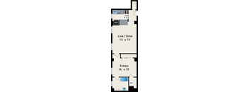 A floor plan of a house with a kitchen, living room, dining room, and bedroom.
