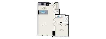 A floor plan of a room with a reference box, a cooking area, a living area, and a sleeping area.