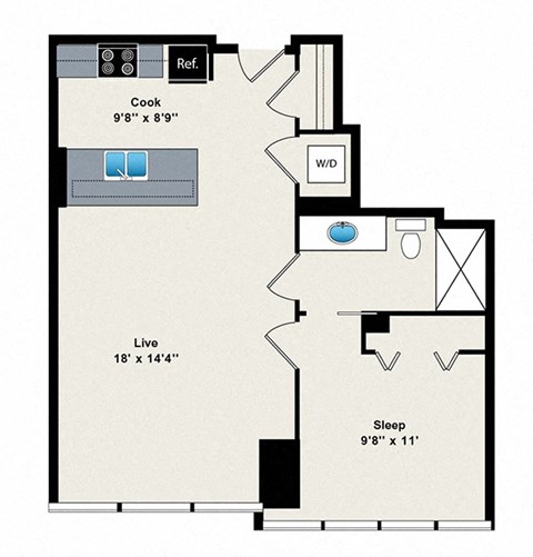 A floor plan of a room with a reference box, a cooking area, a living area, and a sleeping area.