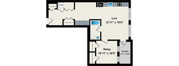 A floor plan of a room with a living area, sleeping area, and a bathroom.