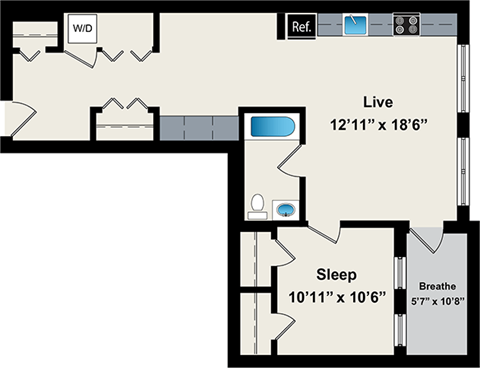 A floor plan of a room with a living area, sleeping area, and a bathroom.