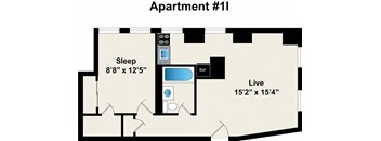 Apartment #11 has a sleeping area of 8'8" x 12'5" and a live area of 15'2" x 15'4".