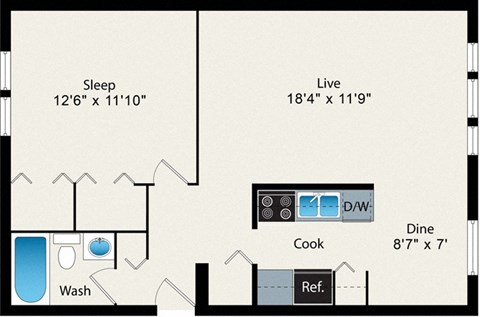 A floor plan of a house with a sleeping area, a live area, a kitchen, a dining area, a bathroom, and a laundry room.