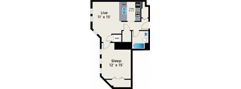 A floor plan of a room with a sleeping area and a live area.