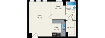 A floor plan of a room with a sleeping area, a washroom, a cooking area, and a living area.