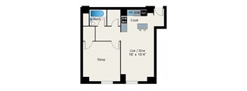 A floor plan of a room with a sleeping area, a kitchen, and a live/dine area.