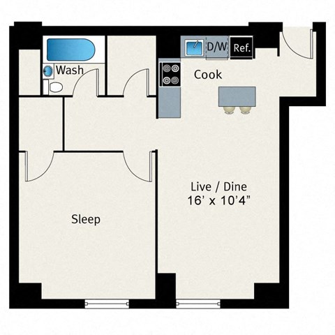 A floor plan of a room with a sleeping area, a kitchen, and a live/dine area.