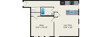 A floor plan shows a bedroom and living/dining area.