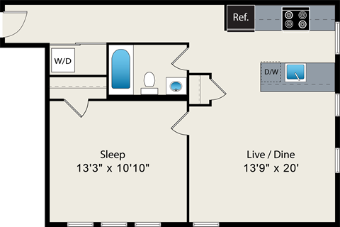 A floor plan shows a bedroom and living/dining area.
