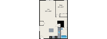 A floor plan of a room with a sleeping area and a live area.