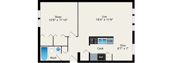 A floor plan of a house with a sleeping area, a live area, a kitchen, a dining area, a bathroom, and a laundry room.