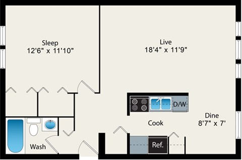 A floor plan of a house with a sleeping area, a live area, a kitchen, a dining area, a bathroom, and a laundry room.