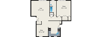 A floor plan of a small apartment with a sleeping area, a dining area, and a living area.