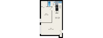 A floor plan of a room with a sleeping area, a study/dine area, a live area, a washroom, and a kitchen.