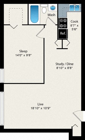 A floor plan of a room with a sleeping area, a study/dine area, a live area, a washroom, and a kitchen.