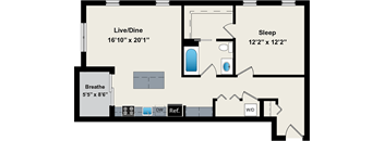 A floor plan of a room with a Live/Dine area, a Sleep area, and a Breathe area.