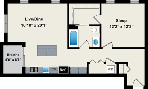 A floor plan of a room with a Live/Dine area, a Sleep area, and a Breathe area.