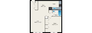 A floor plan of a small apartment with a living area, a sleeping area, a kitchen, a dining area, a bathroom, and a reference area.