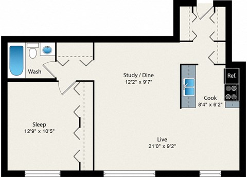 A floor plan of a room with a washbasin, study/dine area, sleeping area, and a live area.