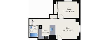 A floor plan of a room with a sleeping area, a live area, a kitchen, a bathroom, and a reference area.