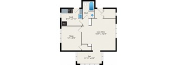 A floor plan of a house with a kitchen, a bathroom, a sleeping area, a living/dining area, and a sunroom.